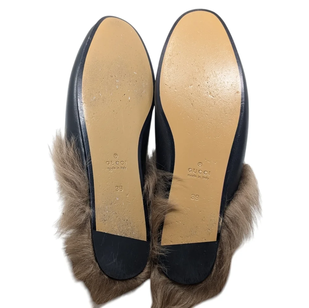 Gucci Black Leather Fur Princetown Mule Loafer Size EU 39 - Picture 6 of 9
